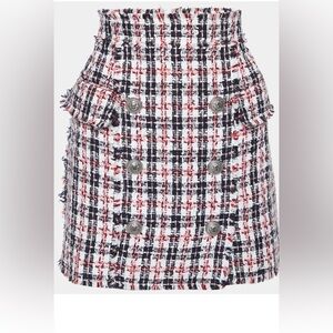 Tweed Mini Skirt with Button Front - White, Navy & Red